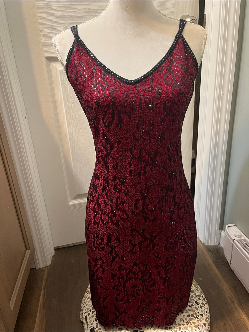 St. John Burgundy Lace Midi Slip Dress with Sequin Accents